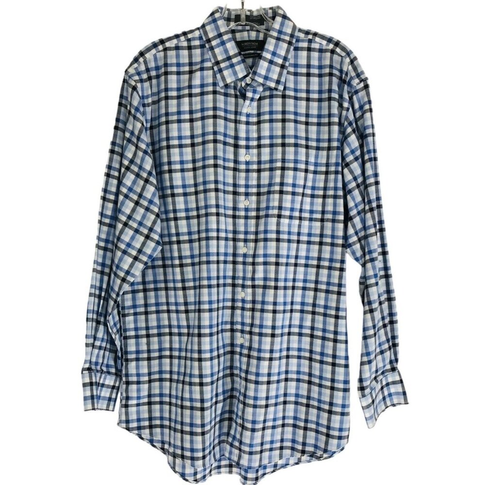Nordstrom Shirt Mens Size 16 1/2 34 Button Down Blue Plaid Traditional Fit